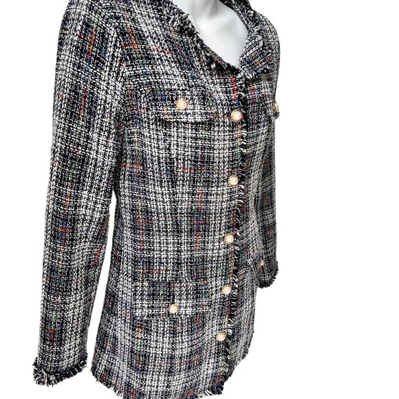 Fringed Plaid Jacket Boucle Women S Blue White Blazer Classic Professor Academia - Picture 4 of 16